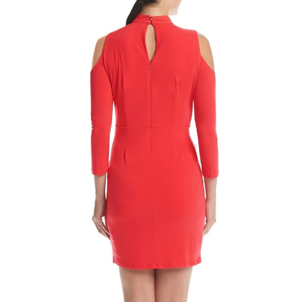 Jessica Simpson Cold Shoulder Coral Mock Neck Attached Belt Sheath Dress Size 2 - Picture 16 of 16